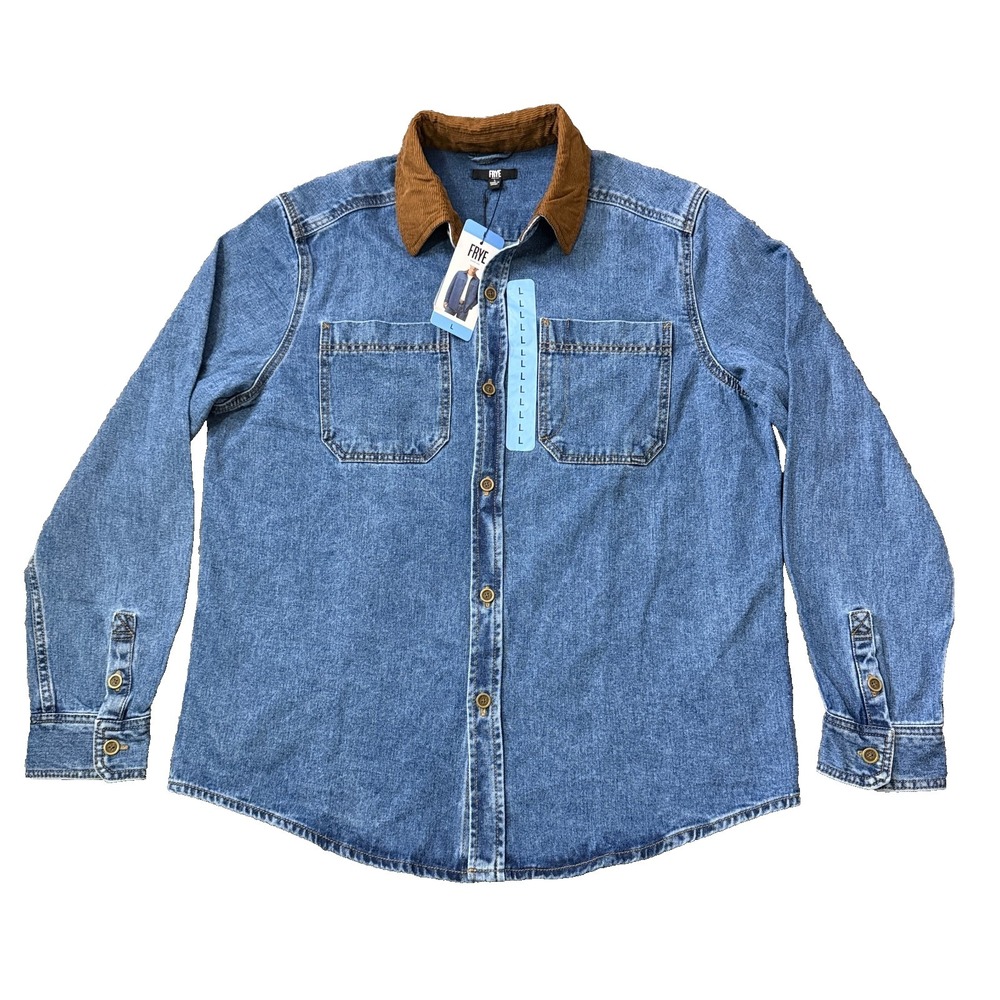 Frye Barn Shacket Mens Large Denim Shirt Jacket Medium Wash Corduroy Collar NWT